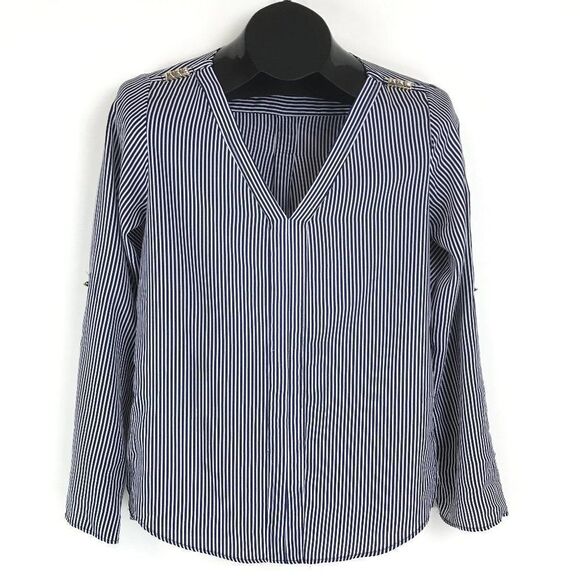 Zara Basic Striped V-Neck Blouse Women’s Size XS Embellished Roll Tab Sleeves - Picture 1 of 12